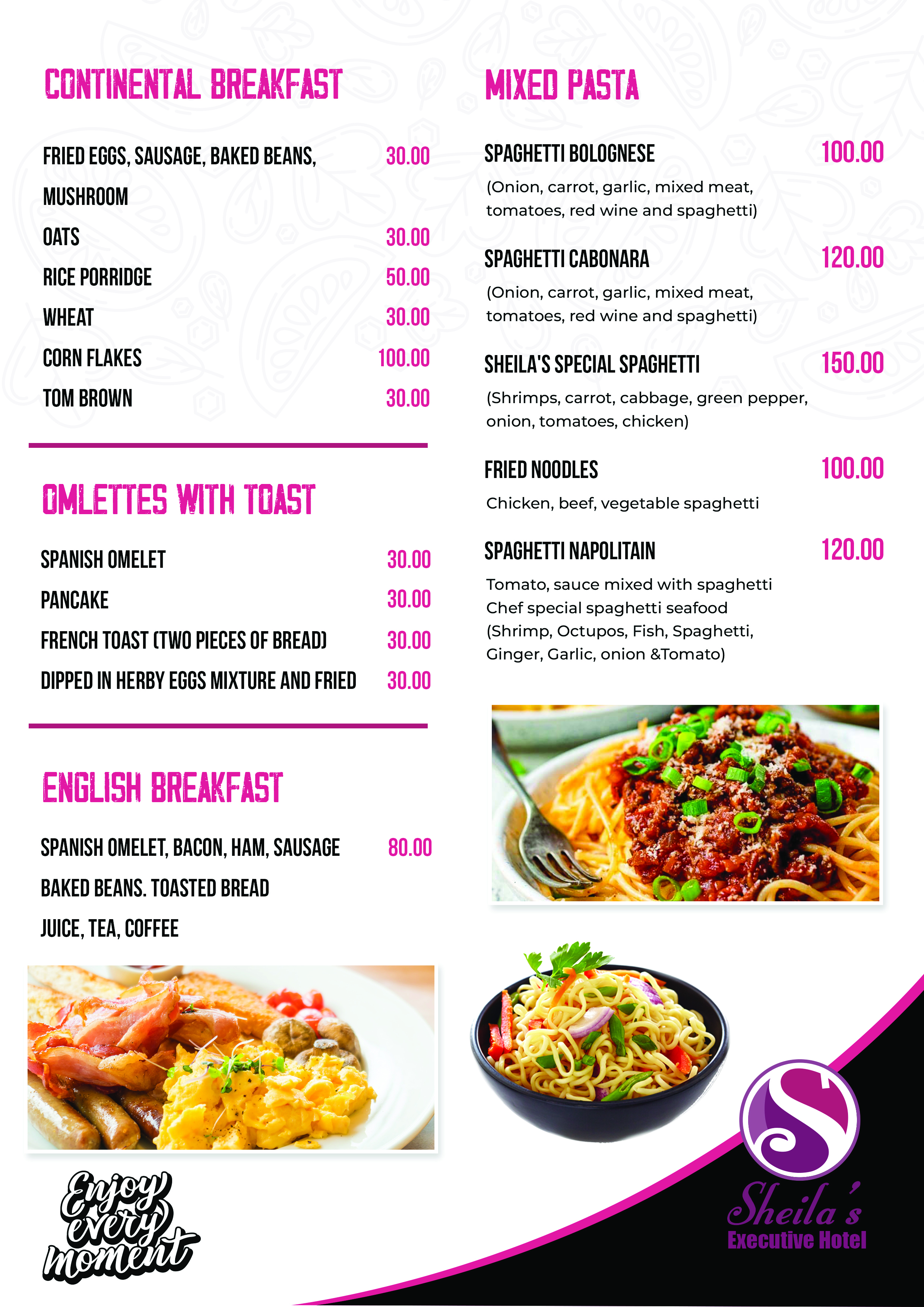 Breakfast & Pasta Menu